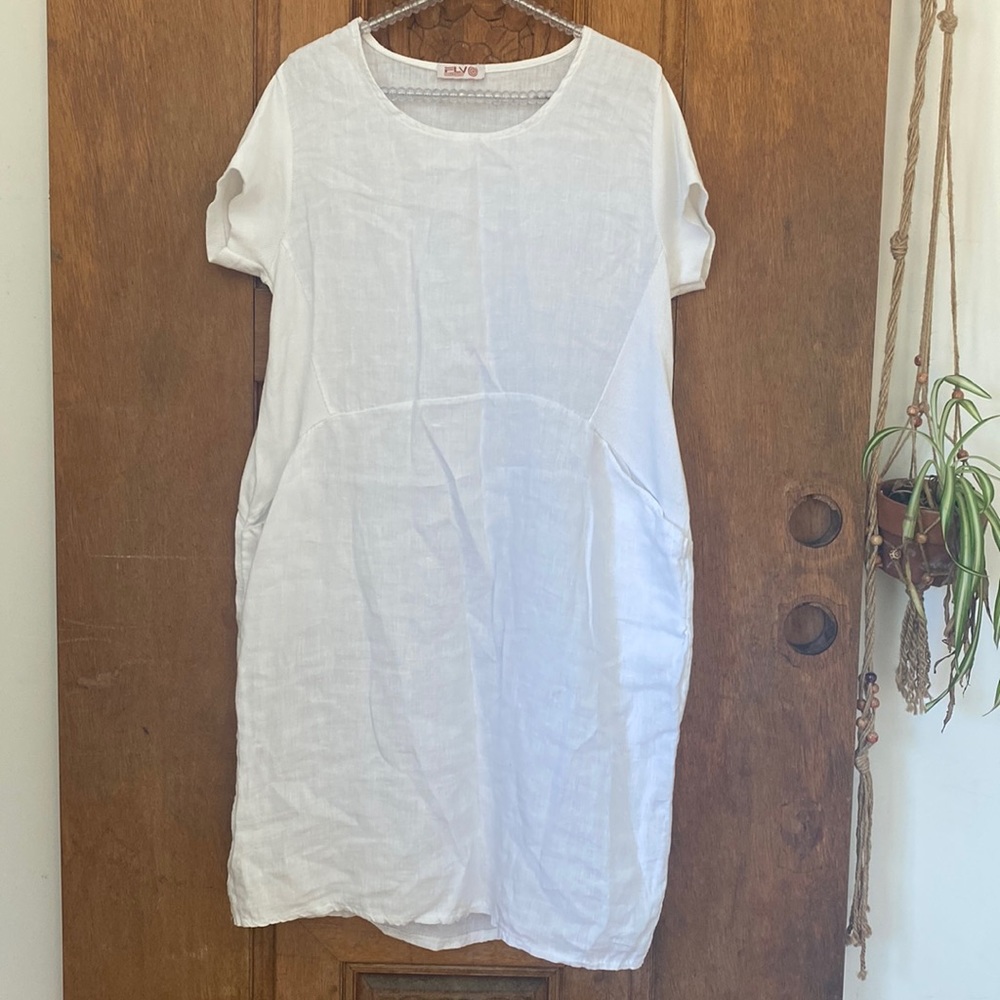 Fly Italian linen and vibes dress pockets short sleeve medium large white